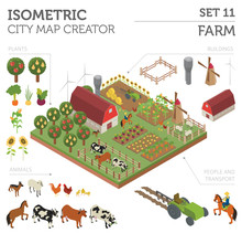 Flat 3d Isometric Farm Land And City Map Constructor Elements Isolated On White. Build Your Own Infographic Collection