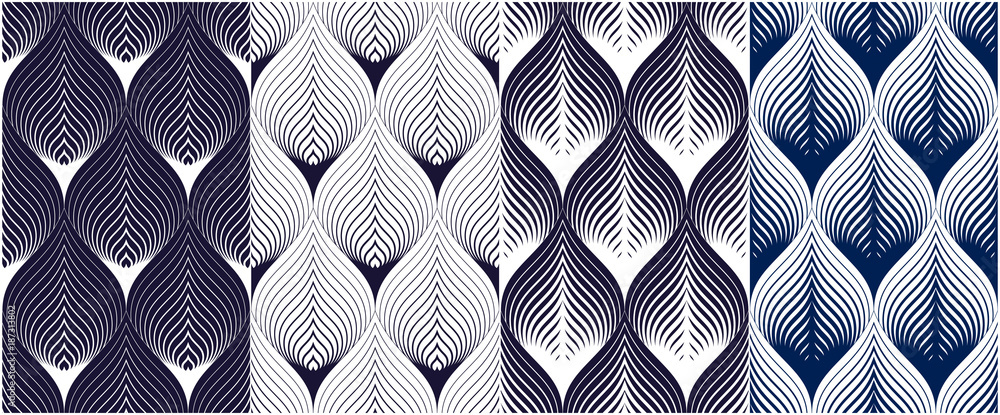 Abstract lines geometric seamless patterns set, vector repeat endless fabric backgrounds collection. Floral leaves or fish squama shapes trendy motif. Single color, black and white.  - obrazy, fototapety, plakaty 