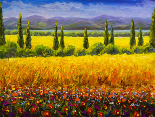 Sticker - oil painting italian summer tuscany landscape, green cypresses bushes, yellow field, red flowers, mo