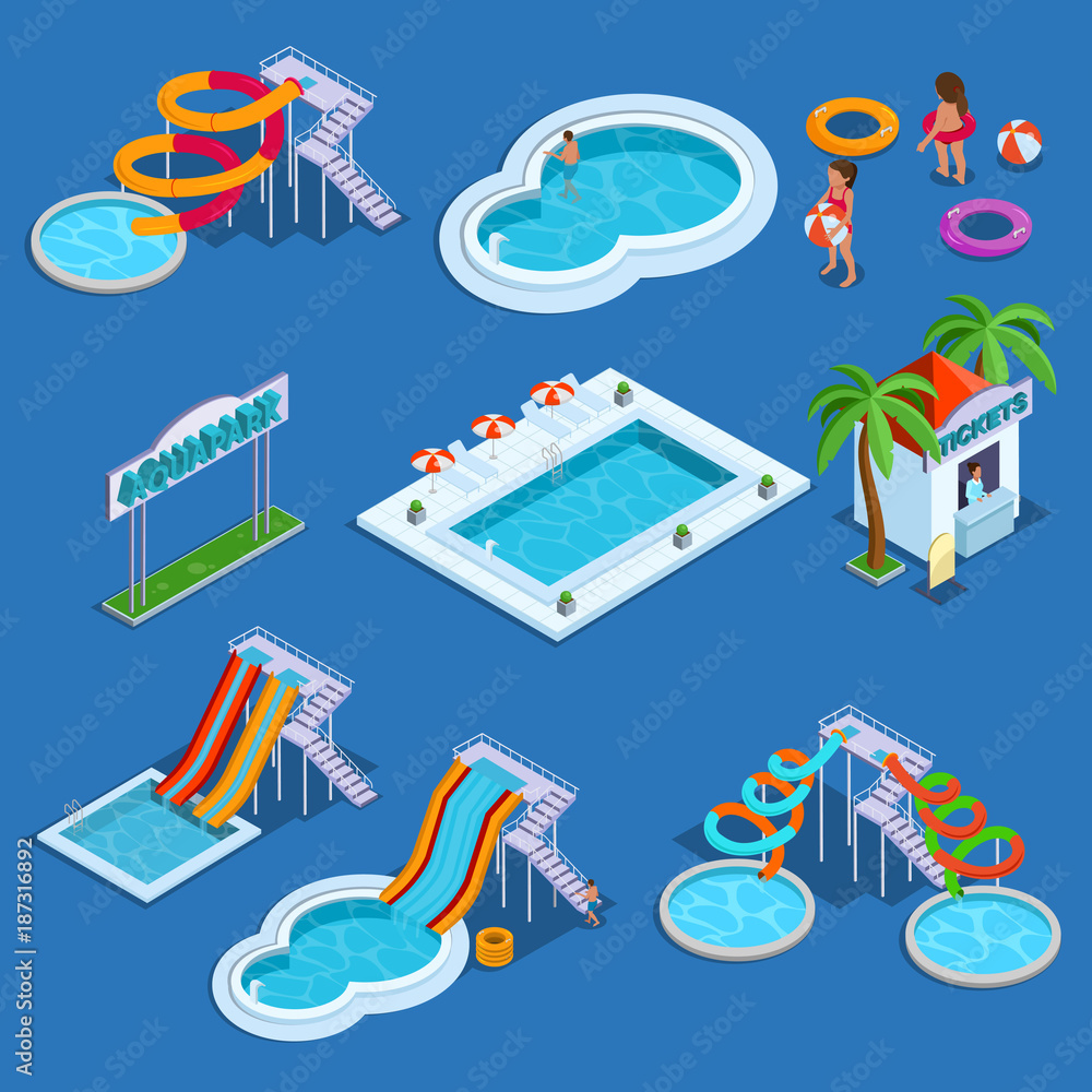 Water park and swimming pool isometric vector illustration Stock Vector ...