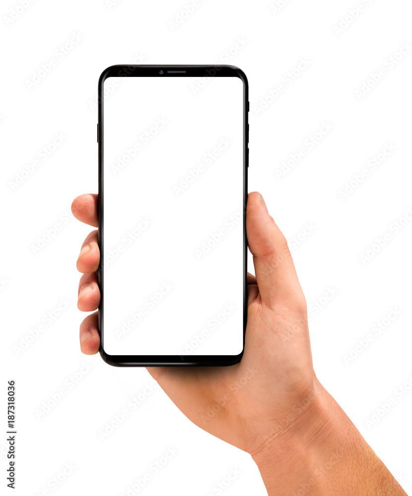 Man hand holding the black smartphone with blank screen and modern ...