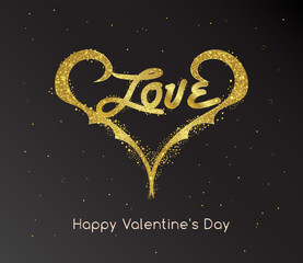 Wall Mural - Valentine's day card, golden glitter heart with Love text on black background. illustration vector.