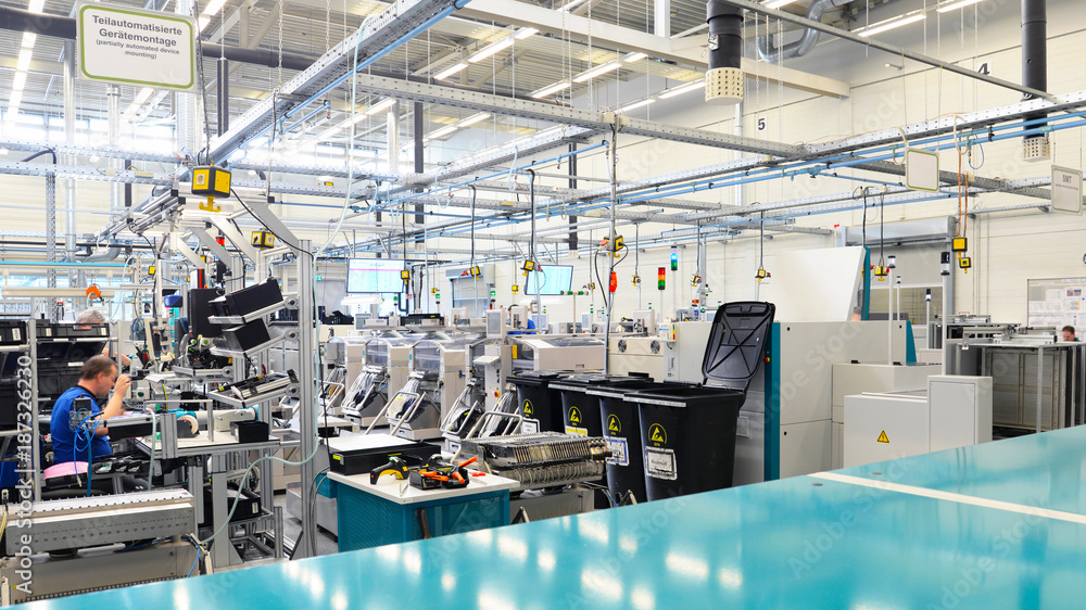 production and assembly of microelectronics in a hi-tech factory - obrazy, fototapety, plakaty 