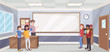 © denis_pc - Cartoon students in classroom with teacher. School building.