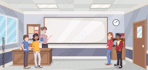 Cartoon students in classroom with teacher. School building.