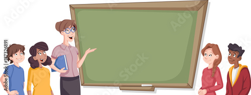 Cartoon students in classroom with teacher.