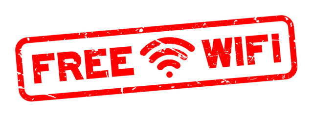 Sticker - Grunge red free wifi with icon square rubber seal stamp on white background