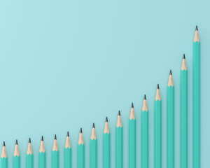 Creative flat lay design of crayons, Blue pencils on technical chart of financial expansion. wave pattern row on blue pastel background. minimal idea. business concept for control financial budget.