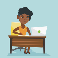 Canvas Print - Young african student sitting at the table with a laptop and writing notes in notebook. Student using a laptop for education. Educational technology concept. Vector cartoon illustration. Square layout