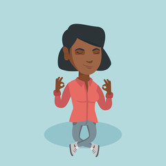 Wall Mural - African business woman with closed eyes meditating in yoga lotus position. Business woman relaxing in the yoga lotus position. Business woman doing yoga. Vector cartoon illustration. Square layout.