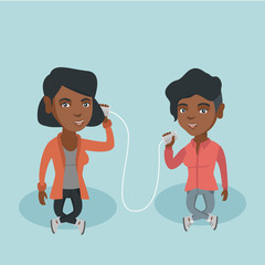 Sticker - African-american women discussing something using tin can telephone. Woman getting message from friend on tin can phone. Friends talking through a tin phone. Vector cartoon illustration. Square layout