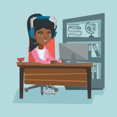 Canvas Print - Young african business woman in headset during video conference in the office. Business woman wearing headset and working on a computer in the office. Vector cartoon illustration. Square layout.