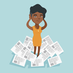 Sticker - Young african-american desperate business woman clutching head while standing in the heap of papers