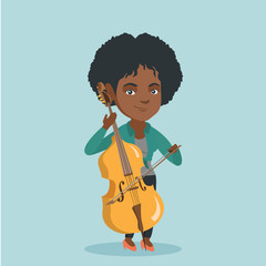 Sticker - Young african-american musician playing the cello. Full length of a cellist playing the cello. Smiling female musician standing with a cello and a bow. Vector cartoon illustration. Square layout.