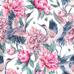 Fototapeta Watercolor seamless pattern with crane, pink peonies