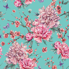 Watercolor seamless pattern with blooming cherry, peonies,