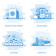 © alexdndz - Modern flat color line concept web banner of Social Media, Our Team, Portfolio and Project Development. Conceptual vector illustration for web design, marketing, and graphic design.