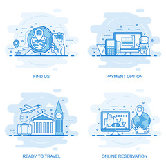 Poster - Modern flat color line concept web banner of Find us, Online Reservation, Payment Option and Ready to Travel. Conceptual vector illustration for web design, marketing, and graphic design.