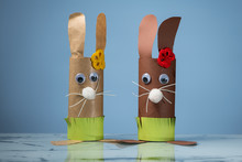 Two Easter Bunnies Made Of Toilet Paper Rolls By A Child