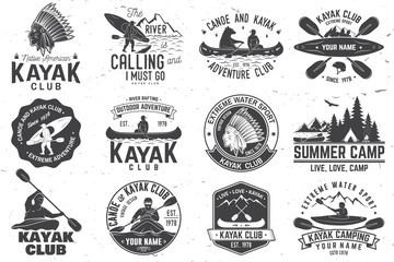 Set of canoe and kayak club badges. Vector illustration.