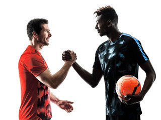 Wall Mural - two soccer players men in studio silhouette isolated on white background