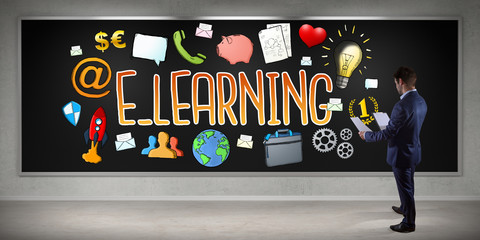 Poster - Businessman watching e-learning sketch on a board 3D rendering
