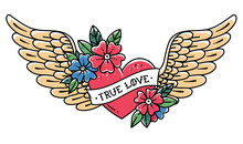 Hand Drawn Tattoo Flying Heart With Wings. Tattoo Heart With Ribbon And Flowers. Tattoo With Phrase TRUE LOVE