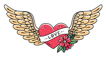 Wall Mural - Hand drawn tattoo heart with wings, ribbon, flower and word LOVE. Flying heart, vector illustration