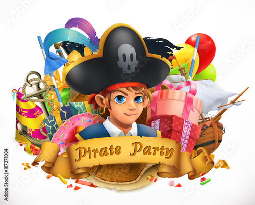 Pirate party. Children holiday 3d vector emblem