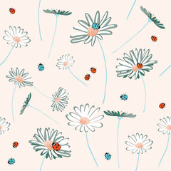  Daisies and ladybugs seamless pattern. Vector illustration on light pink background
