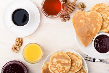 Wall Mural - Valentine's day breakfast or brunch. Table viewed from above