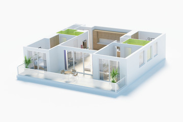 Floor plan of a house top view 3D illustration. Open concept living apartment layout