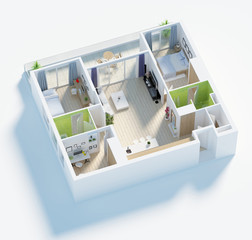 Floor plan of a house top view 3D illustration. Open concept living apartment layout