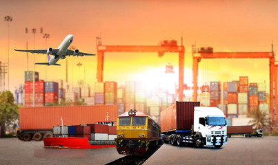 Transportation, import-export and logistics concept, container truck, ship in port and freight cargo plane in transport and import-export commercial logistic, shipping business industry