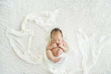 Interracial Newborn Baby Girl Portrait In White Background
