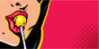 woman licking lollipop pop art style banner, red lips with lollipop
