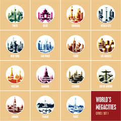 colorful city icons, modern flat style travel destinations icons, round icons