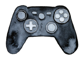 Game controller, wireless joystick, tech device illustration. Black colour, single object, directly top view. Hand drawn water color illustration, isolated, white background. Gift idea for boyfriend.