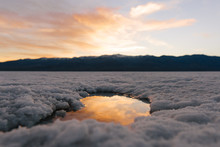 Sunset In The Salt Flats At Badwater In Death Valley, California