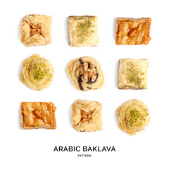 Seamless pattern with baklava. Sweets abstract background. Baklava on the white background.