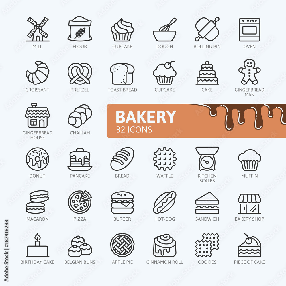 Bakery shop elements - minimal thin line web icon set. Outline icons ...