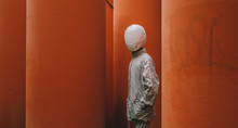 Abstract Scene With Person With White Helmet/mask And Silver Jacket I.