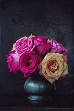 Overblown Roses In A Pewter Jug