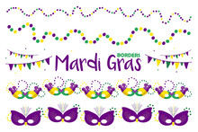 Set, Collection Of Vector Hand Drawn Borders For Mardi Gras Party Design With Colorful Masks, Beads And Flags.