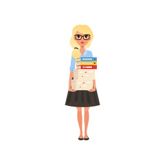 Poster - Cute business woman holding stack of papers and folders. Cartoon character of blond girl in glasses, blue shirt and black skirt. Office worker. Flat vector design