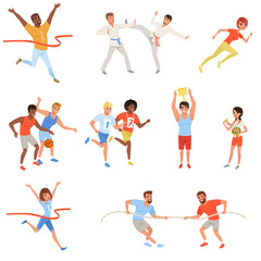 Sticker - Flat sports people taking part in different competition. Basketball players, karate fighters, tug of war, athletes crosses finish line red ribbon, man and woman with trophies