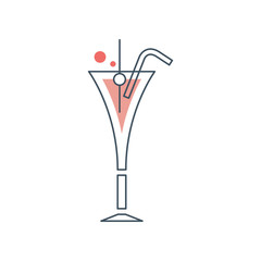 Sticker - Glass of cosmopolitan cocktail with drinking straw. Alcoholic beverage with vodka. Design element for logo, invitation card or bar s poster. Vector linear icon