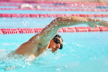 Wall Mural - Triathlon fit athlete training in swimming pool lane at outdoor stadium. Swimmer man swimming in summer. Sports and fitness people lifestyle.