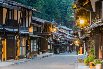 Narai-juku, Japan - September 4, 2017: Picturesque view of old Japanese town with traditional wooden architecture. Narai-juku post town in Kiso Valley, Japan