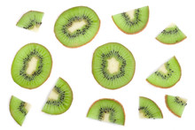 Sliced Kiwi Fruit Isolated On White Background. Flat Lay Pattern. Top View